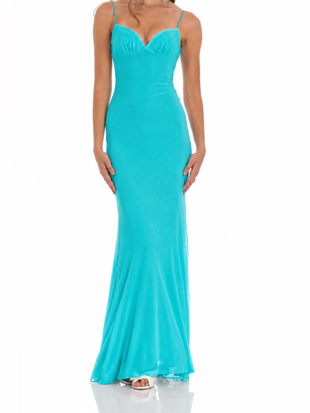 NWOT Lucy in the Sky Turquoise Spaghetti-Strap Maxi Mesh Open Back Medium